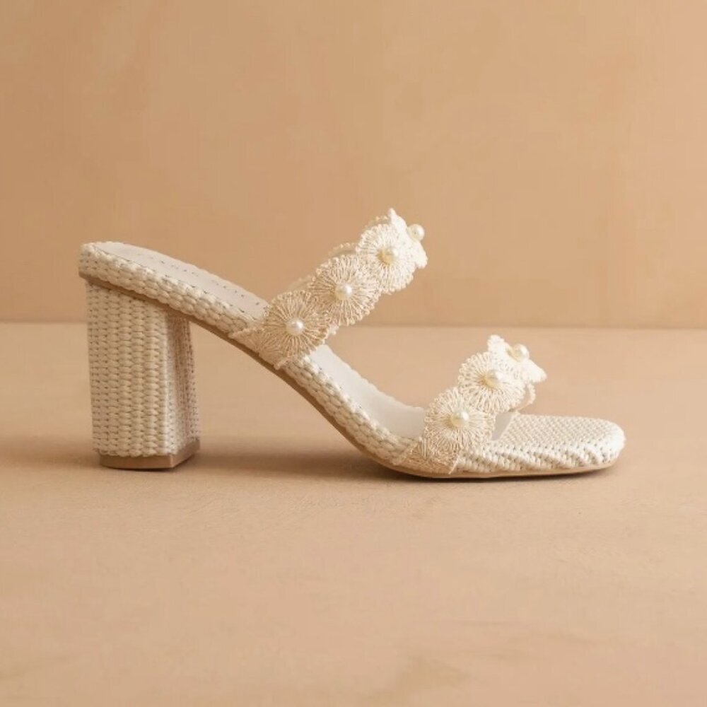 THE HELENA IVORY RAFFIA BLOCK HEEL SANDAL WITH PEARLS